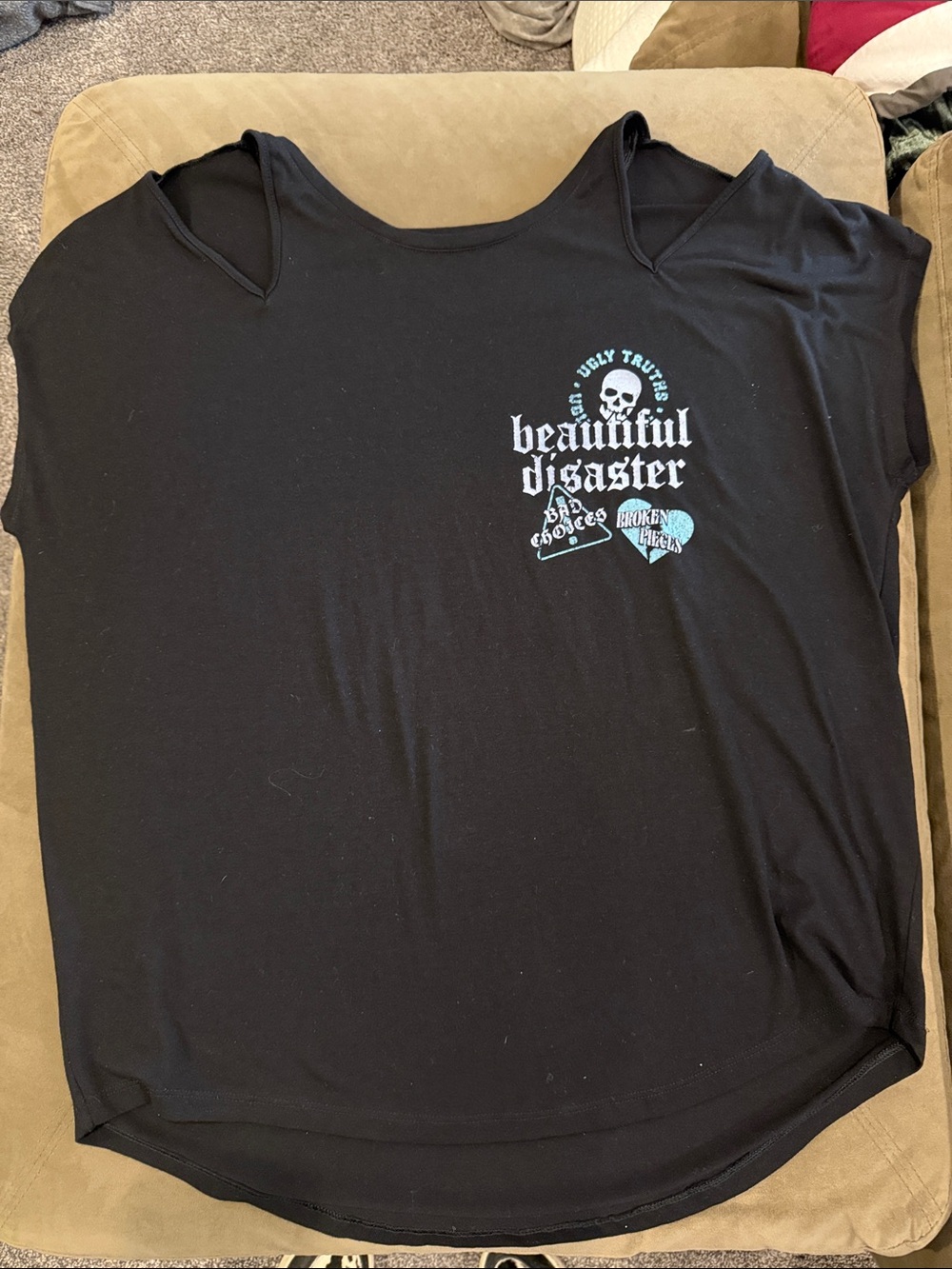 Beautiful disaster  Black Short Sleeve Tee with Teal Skull Graphic